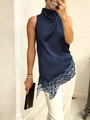 Sleeveless navy blue halter top with asymmetric lace hem and elegant high neck - S / Blue