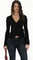 Close-up of black V-neck wrap top showing delicate lace trim and ribbed knit texture details - S / Tops / Black