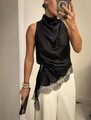 Sleeveless black satin halter top featuring a high neck and delicate eyelash lace trim - S / Black