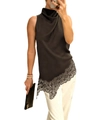 Sleeveless black satin halter top with asymmetric grey lace hem for women - S / Dark Brown