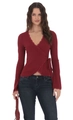 Detailed view of burgundy wrap top with delicate lace trim and ribbed knit texture - S / Tops / Burgundy