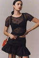 Detail of sheer black mesh top with bow pattern and tiered ruffle skirt texture - S / Black