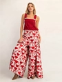 Damen Sommer-Set mit rotem Spitzen-Oberteil und weit geschnittener Herz-Print-Hose - S / Roter Herz Schleife Druck (Rot Nr.1)