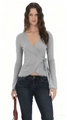 Detail of grey wrap top showing the intricate lace trim and waist tie-up closure - S / Tops / Gray