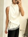 Elegant white sleeveless high-neck top with intricate floral lace trim hem for women - S / White 1