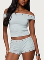 Slim fit light gray two-piece set with off-the-shoulder top and metal eyelet details - S / Top And Bottom / Gray