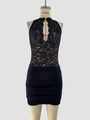Abito aderente sexy in pizzo nero da donna con scollo a goccia e gonna a pieghe slim - S / Nero