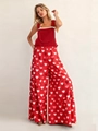 Damen Jumpsuit mit weitem Bein in Rot mit Herzmuster und Spitzen-Detail - S / Roter Herz-Muster (Rot Nr.2)