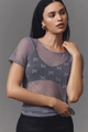 Detail of semi-transparent purple-grey mesh T-shirt with white bow and polka dot prints - S / Gray