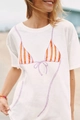 Nahaufnahme des lustigen Bikini-Aufdrucks auf weißem, lockerem Baumwoll-T-Shirt - S / Weiß 2 (Orange gestreifter Bikini)