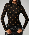 Detail of sheer mesh fabric texture on black long sleeve top with brown polka dot pattern - S / Brown