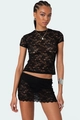 Detail of the sheer black floral lace fabric on a two-piece slim fit women's summer set - S / Tops / Black