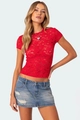 Close-up of red floral lace fabric and sheer texture of women's slim-fit summer top - S / Tops / Red