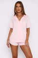 Close-up of pink button-down pajama top with lapel collar and soft modal fabric texture - S / Pink
