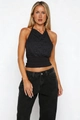 Detail of elegant black lace halter top featuring scarf collar and waist tie design - S / Black