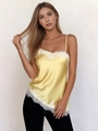 Elegant yellow satin camisole with white lace trim and slim shoulder straps for women - S / Yellow