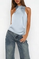 Detail of cross halter neck design on light blue satin sleeveless top for women - S / Sky Blue