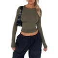 Detail view of olive green slim fit long sleeve top with crew neck and pleated hem - XS / Tops / Army Green