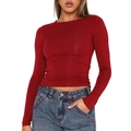 Detail of burgundy slim fit long sleeve shirt showing neckline and fabric texture - XS / Tops / Red