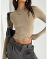 Detail of khaki slim-fit long-sleeve knit top showing elastic ribbed texture and round neck - XS / Tops / Khaki