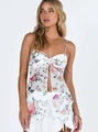 Dettaglio del top a canotta bianco a fiori con nodo frontale e tessuto in chiffon - S / Stampa Floreale Bianca