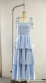 Detail of light blue tiered dress featuring spaghetti straps and smocked bodice details - S / Light Blue