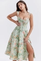 Détail d'une robe mi-longue fleurie avec taille corset et fente latérale vert menthe - S / Floral Vert Menthe