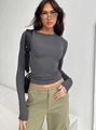 Detail of slim fit dark grey long sleeve top in high stretch ribbed knit fabric - XS / Tops / Gray