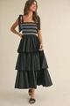 Detail von gesmoktem Oberteil und gestuftem Rock an einem schwarzen Sommerkleid - S / Schwarz