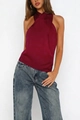 Chic burgundy sleeveless halter satin top paired with vintage blue straight jeans - S / Burgundy