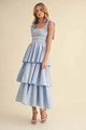 Detalle de vestido celeste con volantes, corpiño fruncido y tirantes de lazo - S / Azul