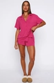 Close-up of pink short-sleeve pajama set with lapel collar and chest pocket detail - S / Rose Red