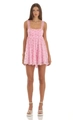 Detail view of pink floral mini dress showing square neck design and lightweight chiffon fabric - M / Printed Pink
