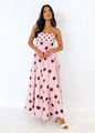 Detail of pink A-line maxi dress featuring large brown polka dots and thin straps - Polka Dot / S / Pink
