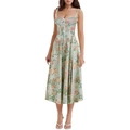 French romantic floral midi dress with slim fit corset bodice and high slit detail - Emerald Green
