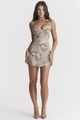 Detailed view of floral print mini dress with spaghetti straps and slim fit waist - Grey Floral