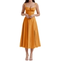 Detail von senfgelbem Midi-Kleid mit geraffter Brust, Korsett-Taille und hohem Schlitz - S / Orange
