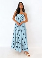 Detail of light blue polka dot maxi dress with thin straps and elastic waist design - Polka Dot / S / Sky Blue