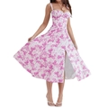 Detail des Blumenmusters und des hohen Seitenschlitzes am weißen Sommer-Midikleid - S / Rosenrote Blume