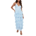 Elegantes hellblaues Maxikleid mit Blumenmuster, Stufenrock und V-Ausschnitt - S / Blau