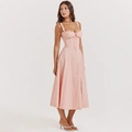 Rosa geblümtes rückenfreies Midi-Sommerkleid mit Korsett-Oberteil und Beinschlitz - S / Rosa