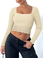 Detail of square neck long sleeve top with delicate lace hem in apricot knit - S / Apricot