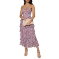 Detail der gestuften Rüschenschichten an einem Sommerkleid mit Blumendruck und Trägern - S / Lila