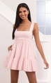 Detail of light pink babydoll dress featuring square neckline and side pockets - S / Pink