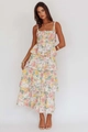 Detail of floral tiered midi dress with spaghetti straps and ruched bust design - Violet