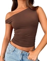 Detail of a brown one-shoulder cropped top paired with light wash denim jeans - S / Dark Brown