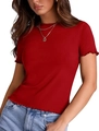 Slim fit women's red ribbed T-shirt with crew neck and stylish lettuce edge details - Red