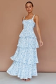 Detailed layered ruffles and delicate blue floral print on summer maxi dress fabric - Blue