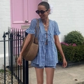 Blue and white plaid matching set featuring V-neck tie top and high-waisted shorts - S / Blue