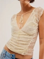 Slim fit beige lace backless crop top with floral embroidery and V-neck tie detail - S / Apricot